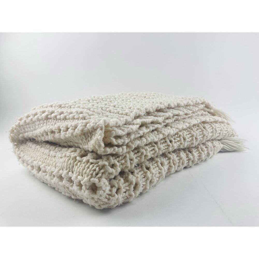 Handmade Afghan Throw Blanket Fringe Cream Ivory Cottage Crochet Knitted Ecru Wh - Picture 6 of 8